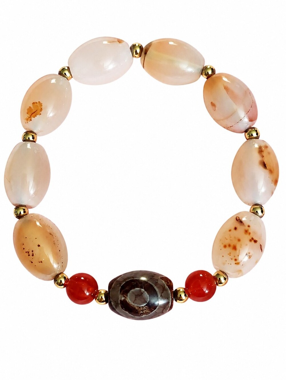 Agate barrel shaped Bead Bracelet with Tenju dzi bead - stretchy